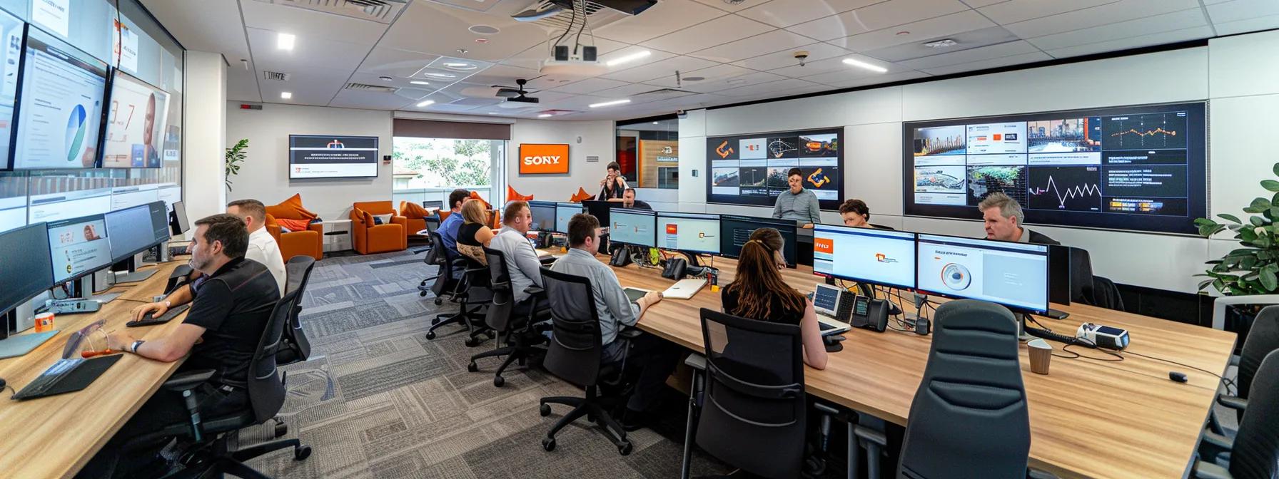 a dynamic office environment on the gold coast showcases a team in discussion, surrounded by digital dashboards and sleek technology, indicating a vibrant strategy session focused on innovative digital marketing solutions.