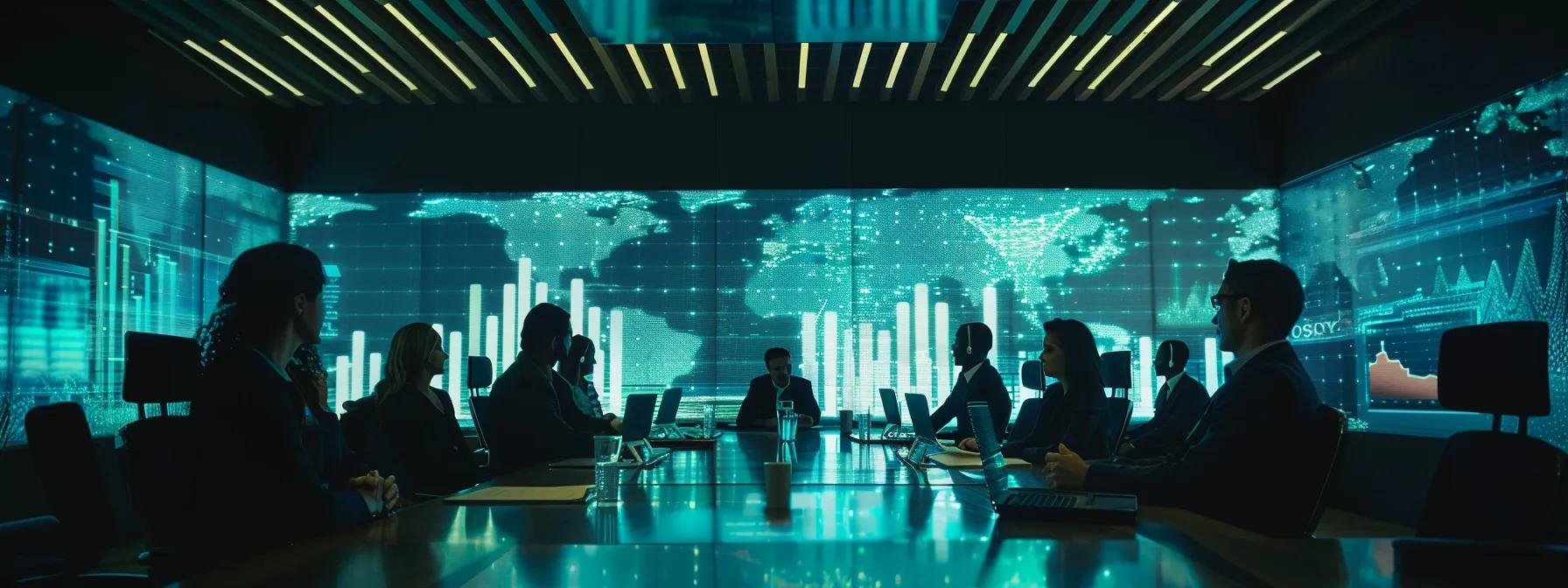 a modern, dynamic office setting showcases a diverse team of professionals engaged in vibrant discussions around a sleek conference table, with digital screens displaying impressive upward-trending graphs and analytics representing significant business growth and client success stories.