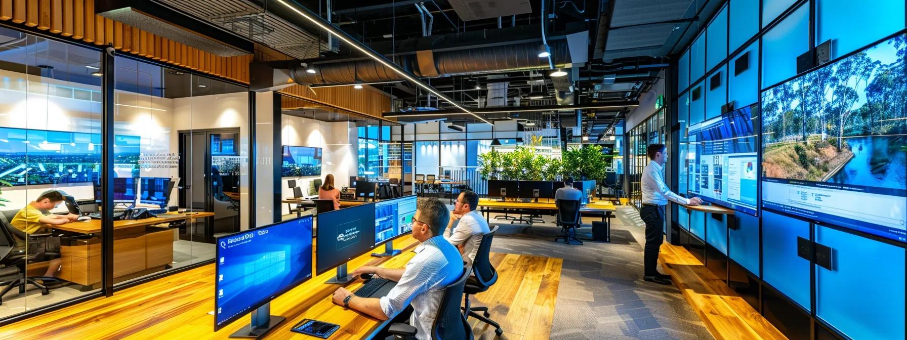 a modern, dynamic office space of a leading digital agency on the gold coast, featuring sleek workstations, vibrant digital displays showcasing innovative marketing strategies, and a collaborative team engaged in brainstorming sessions, all illuminated by bright, artificial lighting that highlights the agency's professional atmosphere.