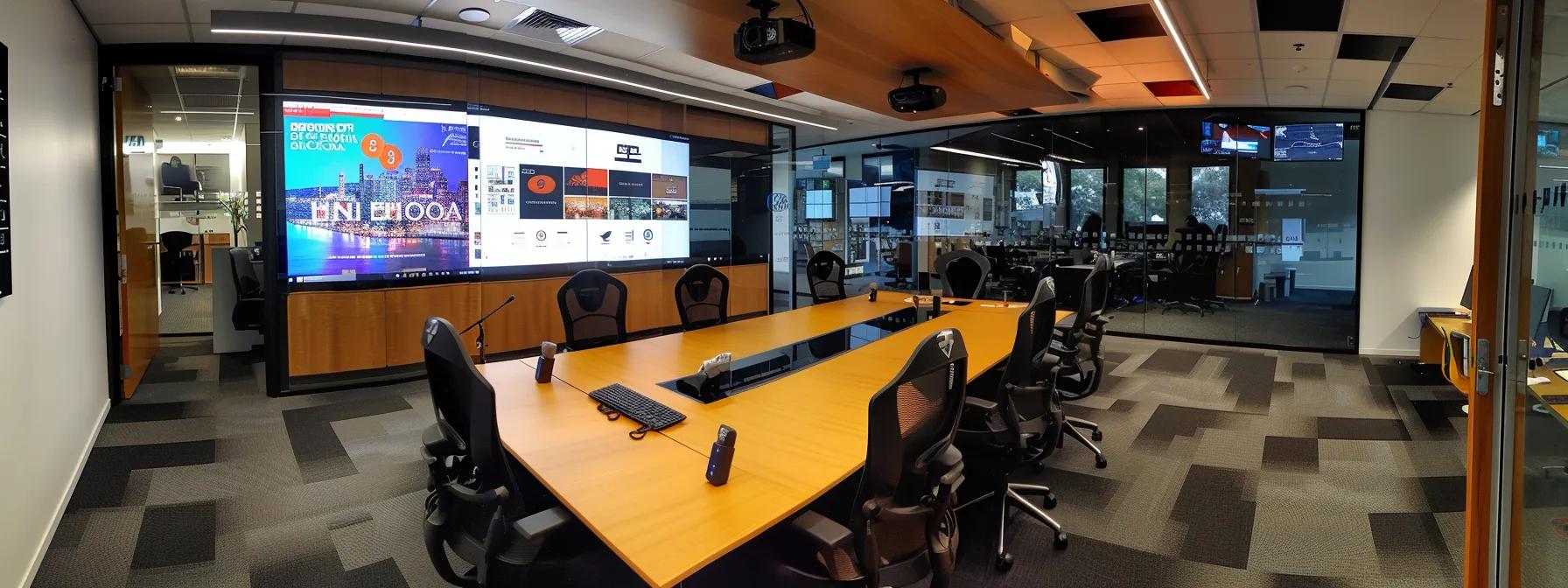 a sleek, modern office filled with digital marketing professionals collaborating over dynamic visual displays and strategic plans, showcasing the vibrant energy and comprehensive services of a leading gold coast digital agency.