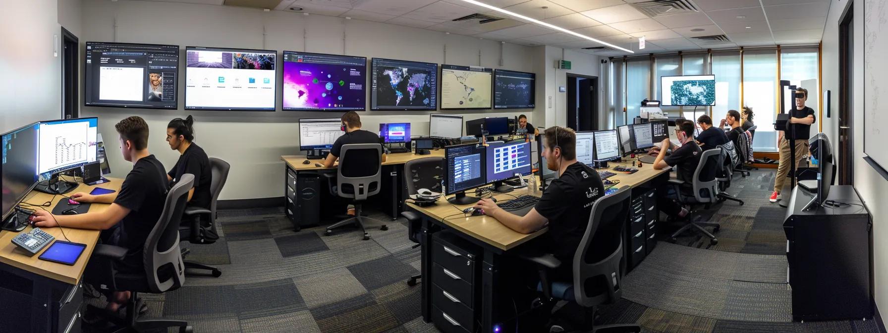 a vibrant, modern office space on the gold coast showcases a digital marketing team collaborating around sleek devices, immersed in interactive displays of augmented reality and analytics, emphasising the innovative integration of local trends and technology in their strategies.
