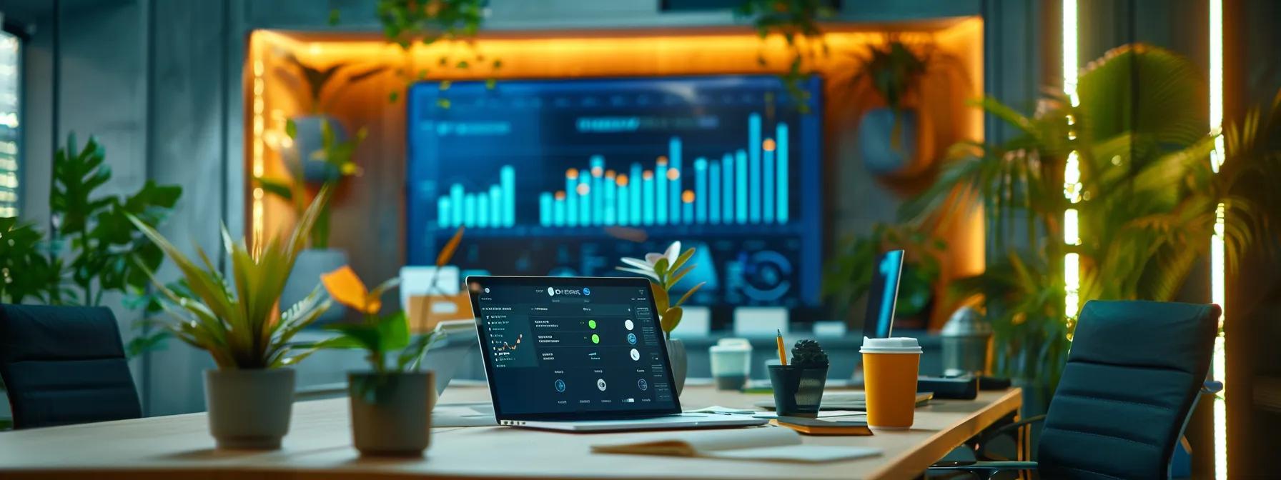 a vibrant, modern office workspace in the gold coast features a sleek table adorned with digital devices displaying social media analytics, capturing the essence of strategic planning for local brands.