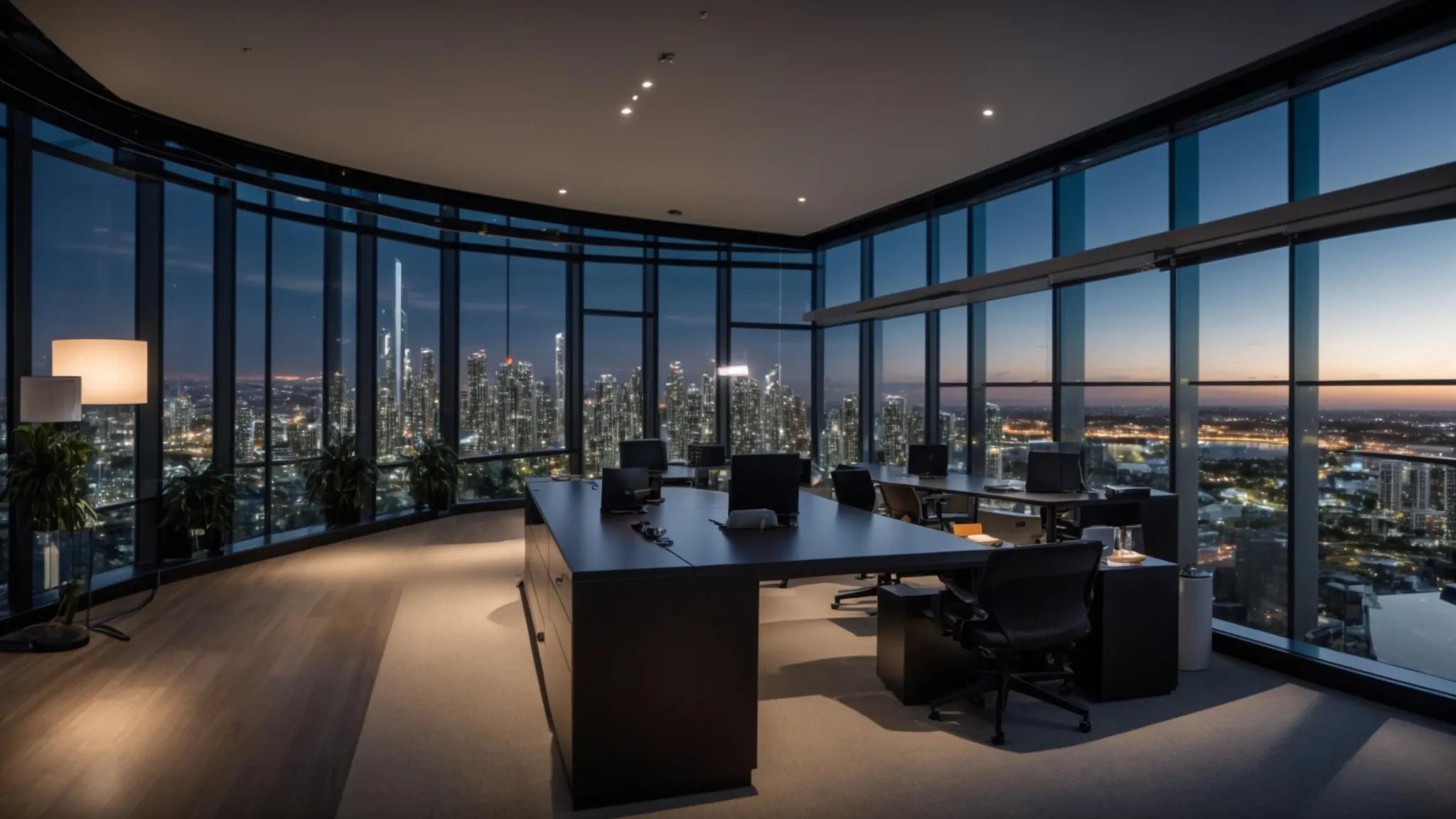 a sleek, modern office with a panoramic view of the gold coast skyline, featuring a dynamic group of professionals collaborating around a high-tech conference table, illuminated by vibrant city lights at dusk.